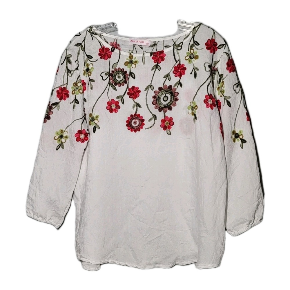Ana & Rose Anthropologie Blouse Womens Large White Floral Embroidery Boho Hippie